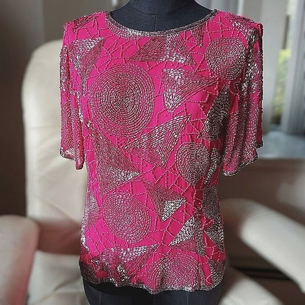Vtg fuschia beaded silk half sleeve boat neck V back blouse